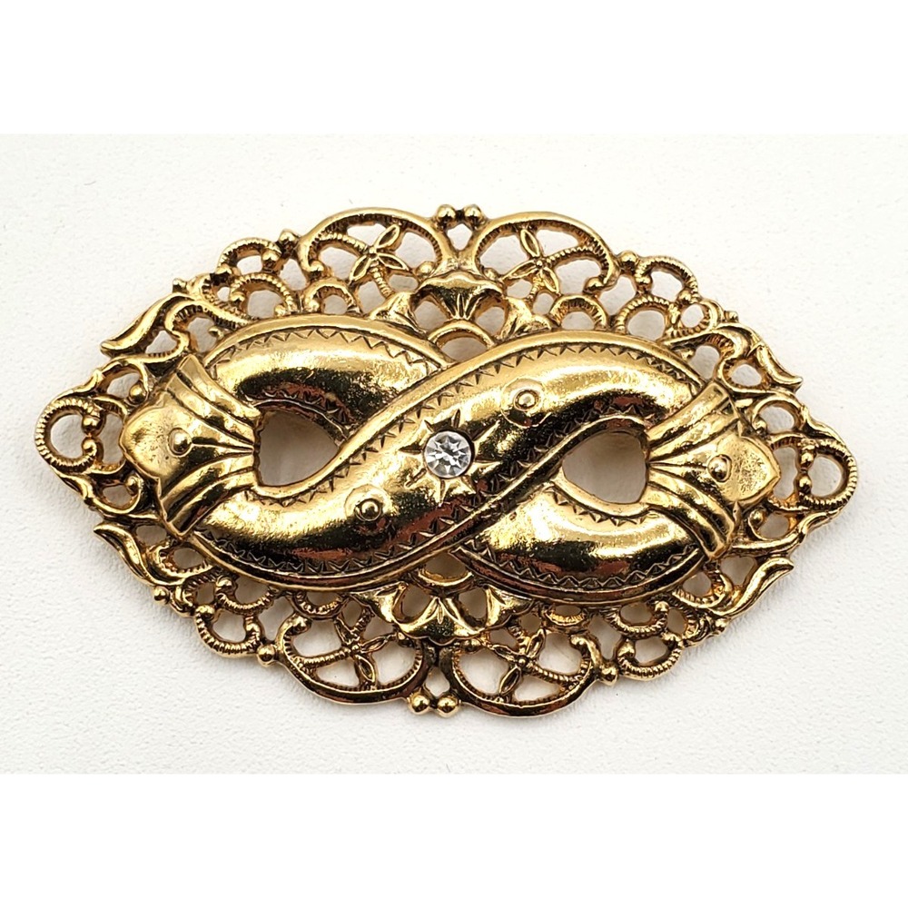 Vintage Gold Tone Rhinestone Infinity Filigree Brooch Pin